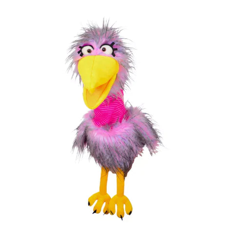 Full-bodied hand puppet of a bird with yellow beak and feet, purple head and main body.