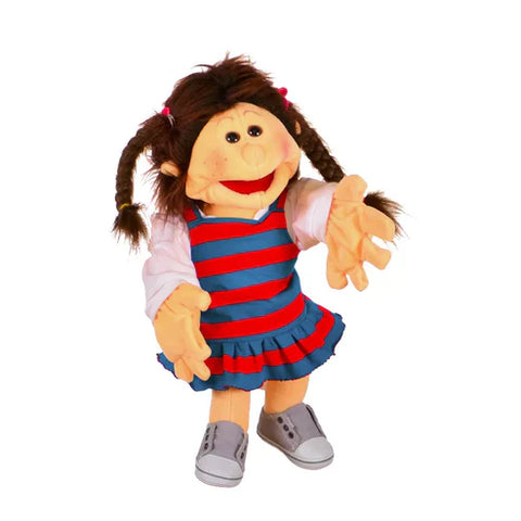 Girl Hand Puppet with red and blue stripy dress, mouth opening with brown hair with braids.