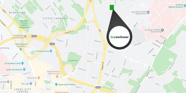 A map of the north east of leeds city centre, Buyworkwear is highlighted with a green box and a large black teardrop has the buyworkwear logo in a white circle