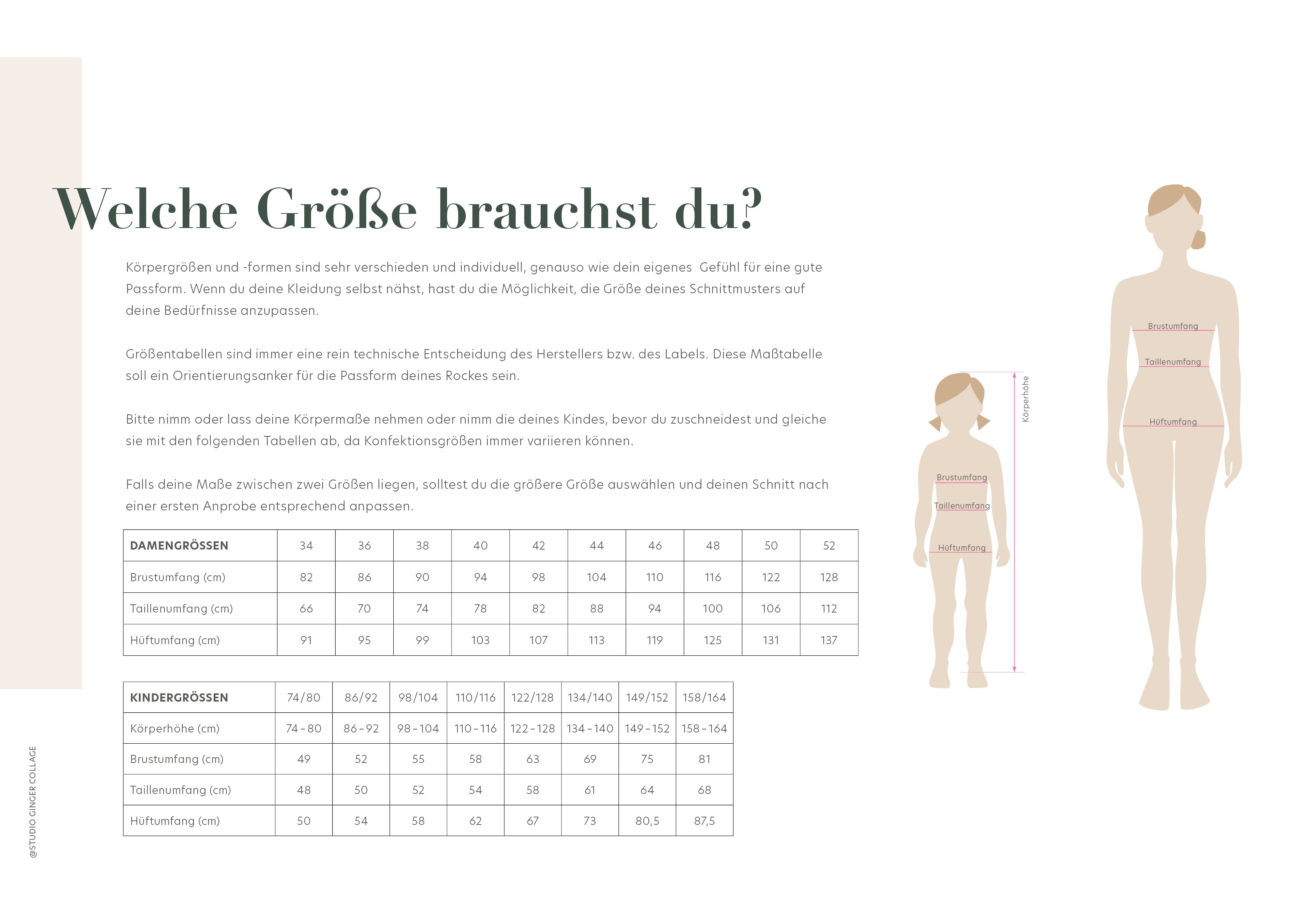 Größentabelle für Damen und Kindergrößen