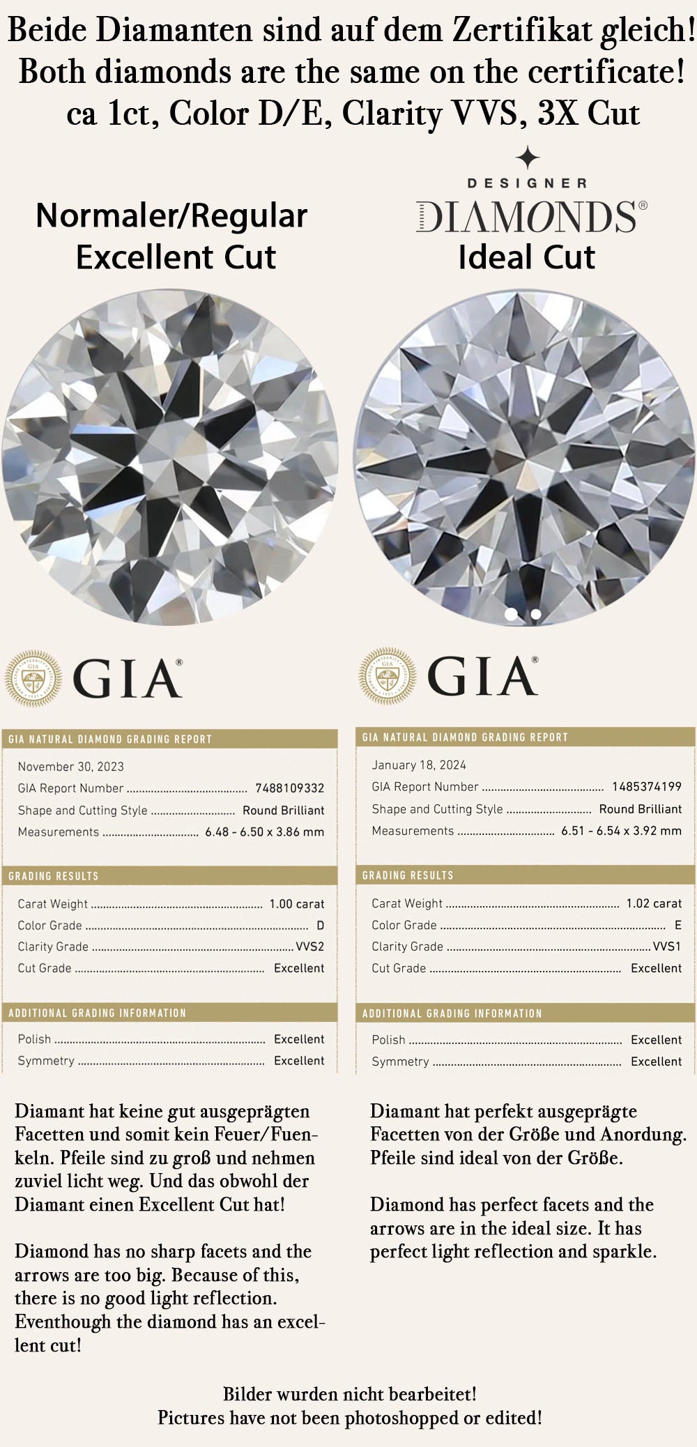 GIA Excellent Cuts sind nicht gleich und auch nie eine Garantie das diese Diamanten schön sind