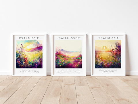 A set of three framed prints featuring Bible verses about joy