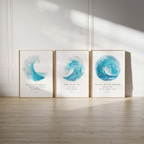Circular ocean wave print, Psalm 89:9 - God's calming power amidst the sea