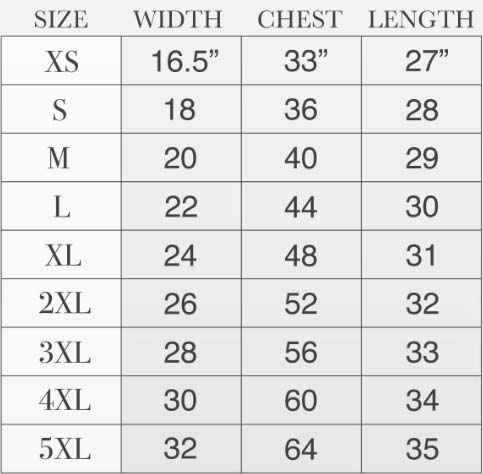 size chart for our unisex shirts