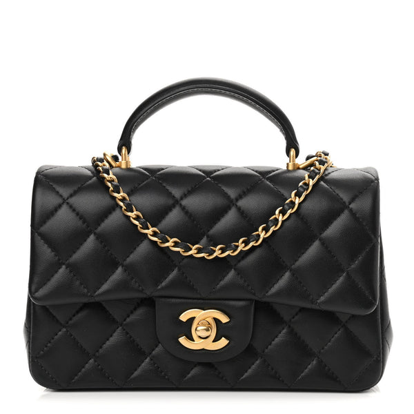 CHANEL LAMBSKIN Quilted Pearl Top Handle Clutch Flap Black