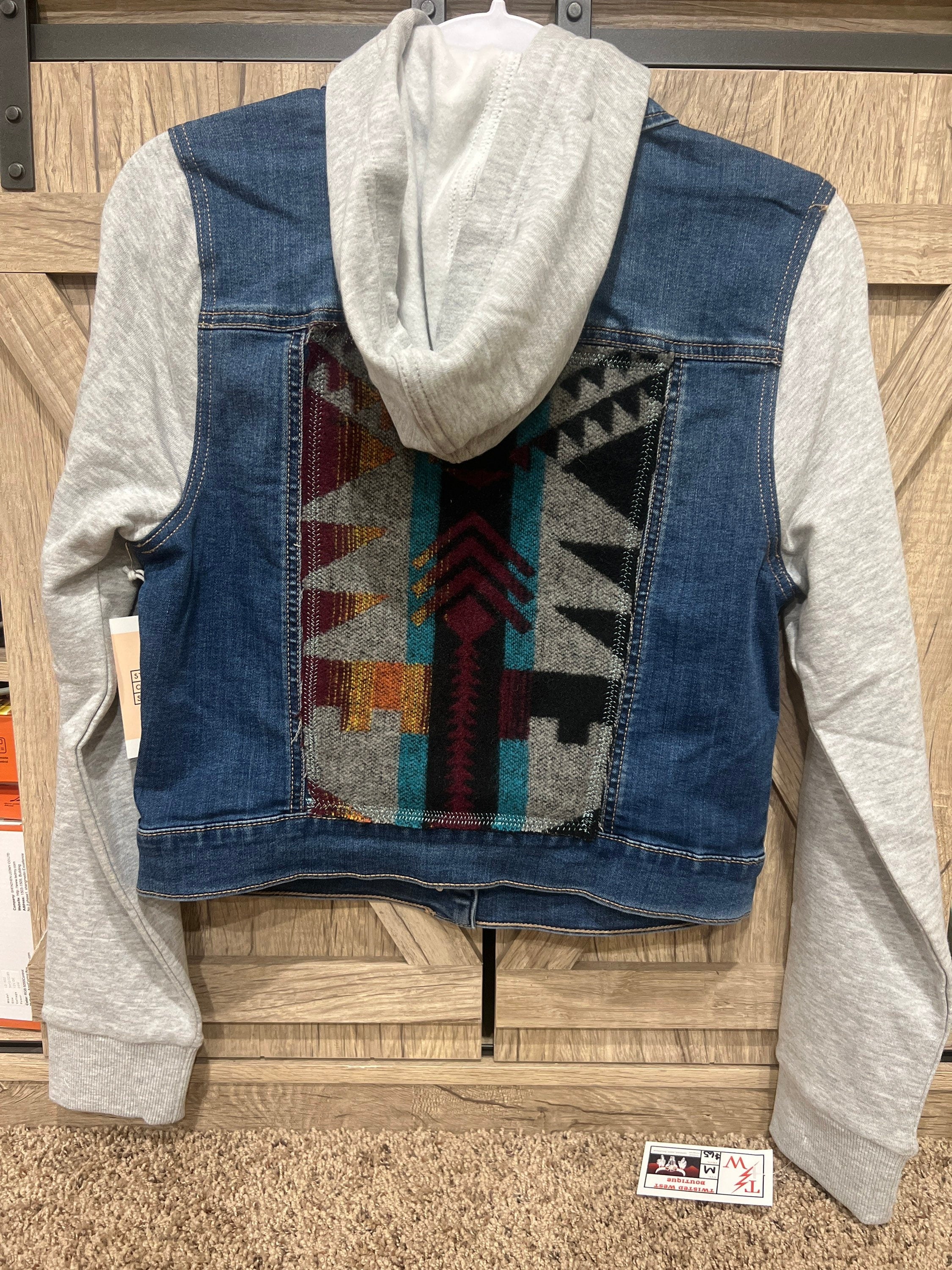 Blue Aztec print jean jacket hoodie – Twisted West Boutique