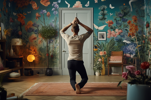 un homme stress pratique du yoga dans son salon