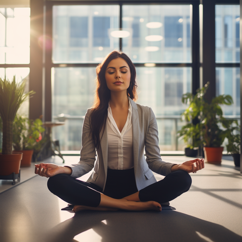 une femme fait de la meditation sur son lieu de travail