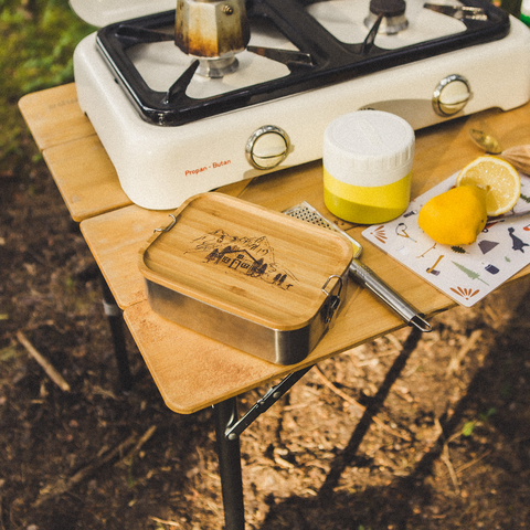 Roadtyping Camping Accessories Vanlife Outdoor Kitchen Lunch Box Stainless Steel with Cutting Board Lid Wooden Lid