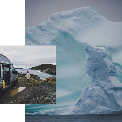 Icebergs du Groenland glace éternelle énormes colosses sur l'Iceberg Alley à Terre-Neuve avec le camping-car en road trip