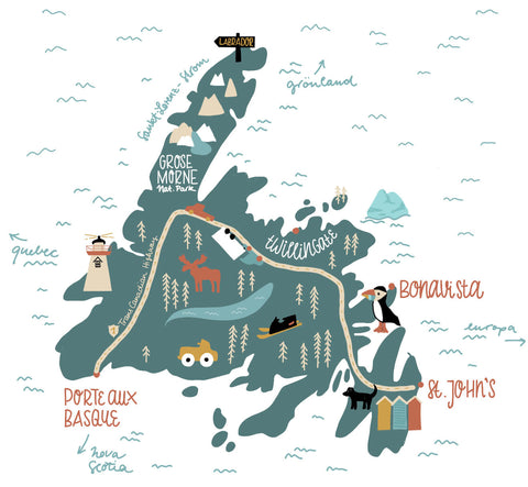 Carte illustrée de Terre-Neuve avec les points forts et les sites touristiques