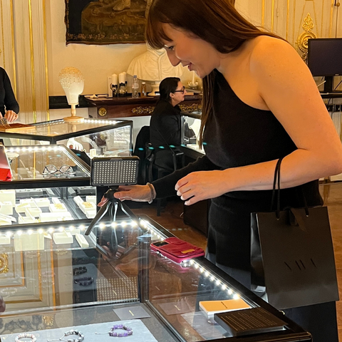 Katerina Perez looking at Rareté Studios Belonging Bracelets at Precious Room