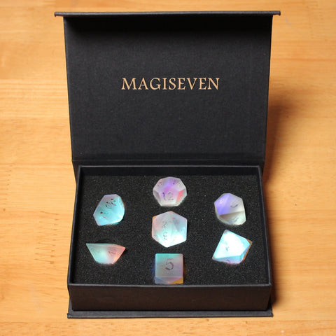 Frosted Prismatic Dichroic glass dice with magiseven box