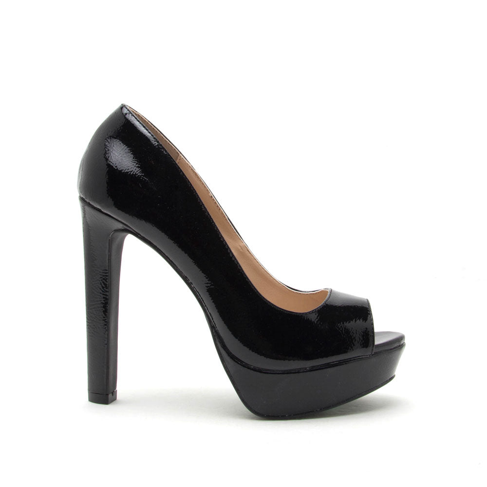 black patent open toe heels