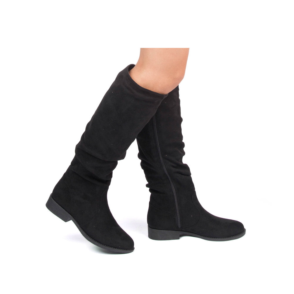black suede slouch boots flat