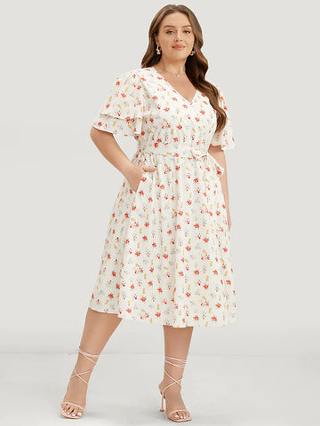 Floral Printed Ruffle Sleeve Pocket Belted Midi Dress 