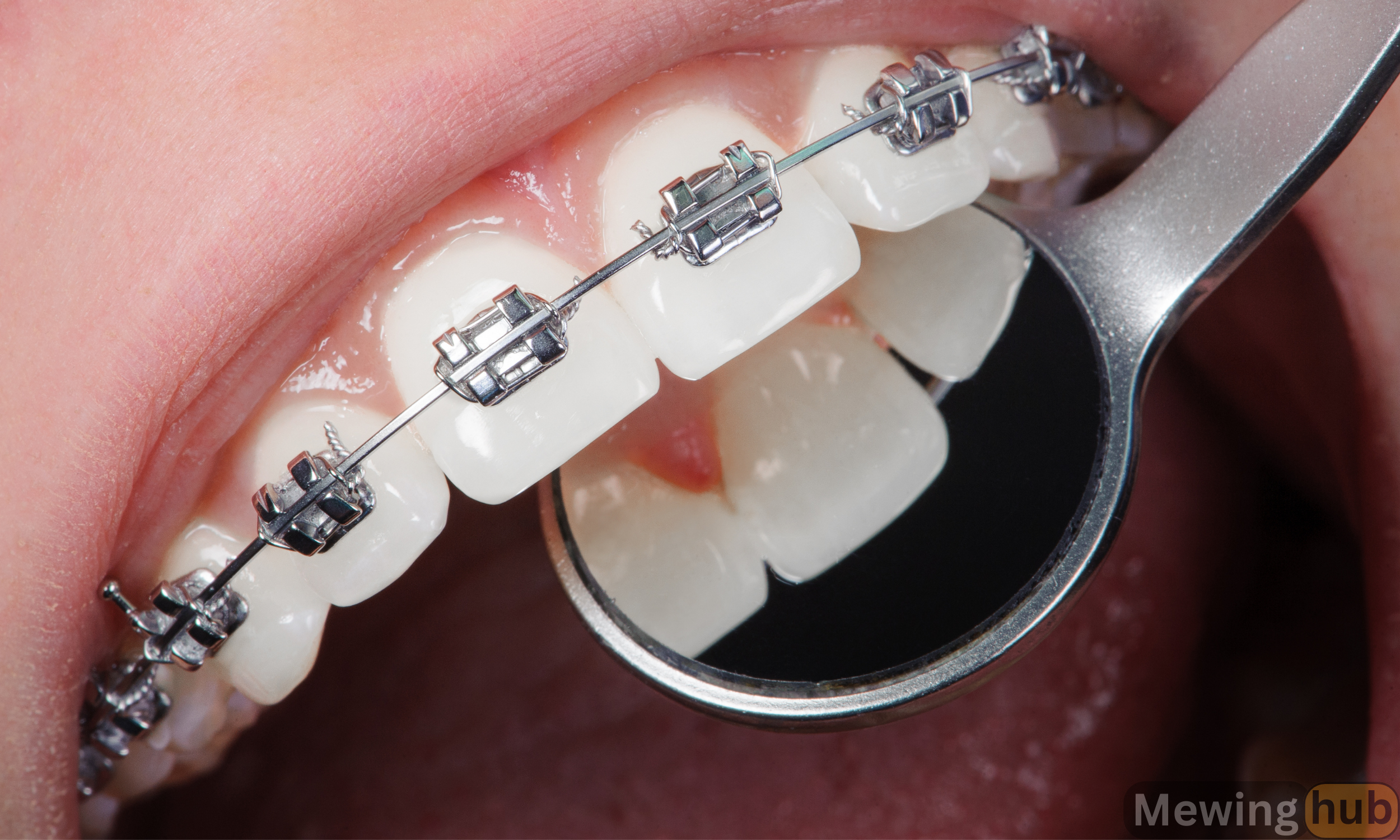 Close-up image showing dental braces on teeth with a dental mirror reflecting the braces.