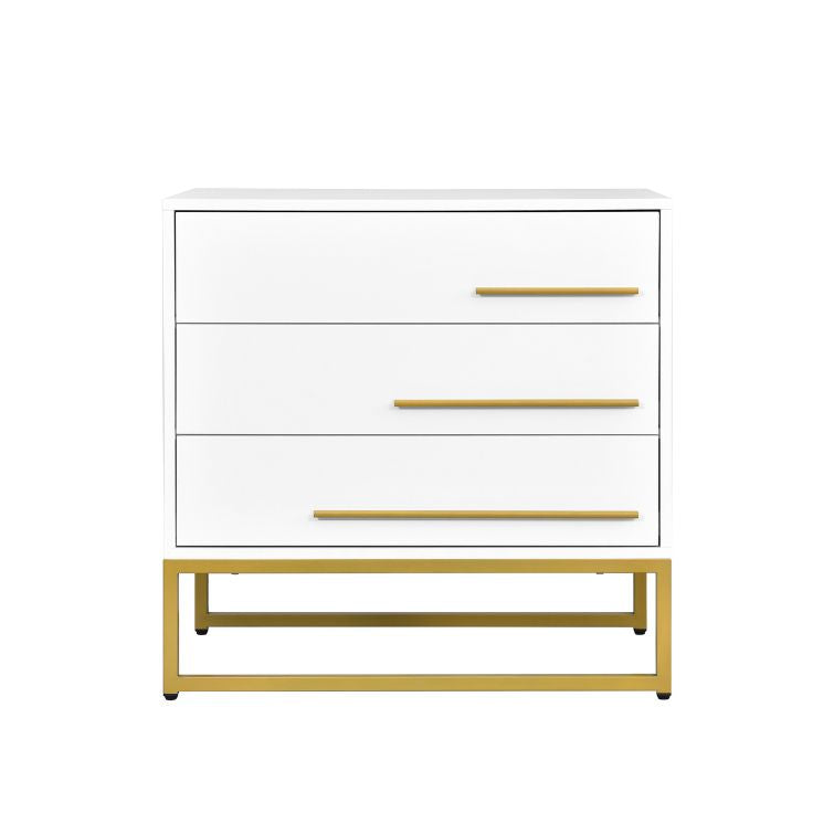 Odette 27" Modern Solid Wood Nightstand with 3 Drawers, White-Gold