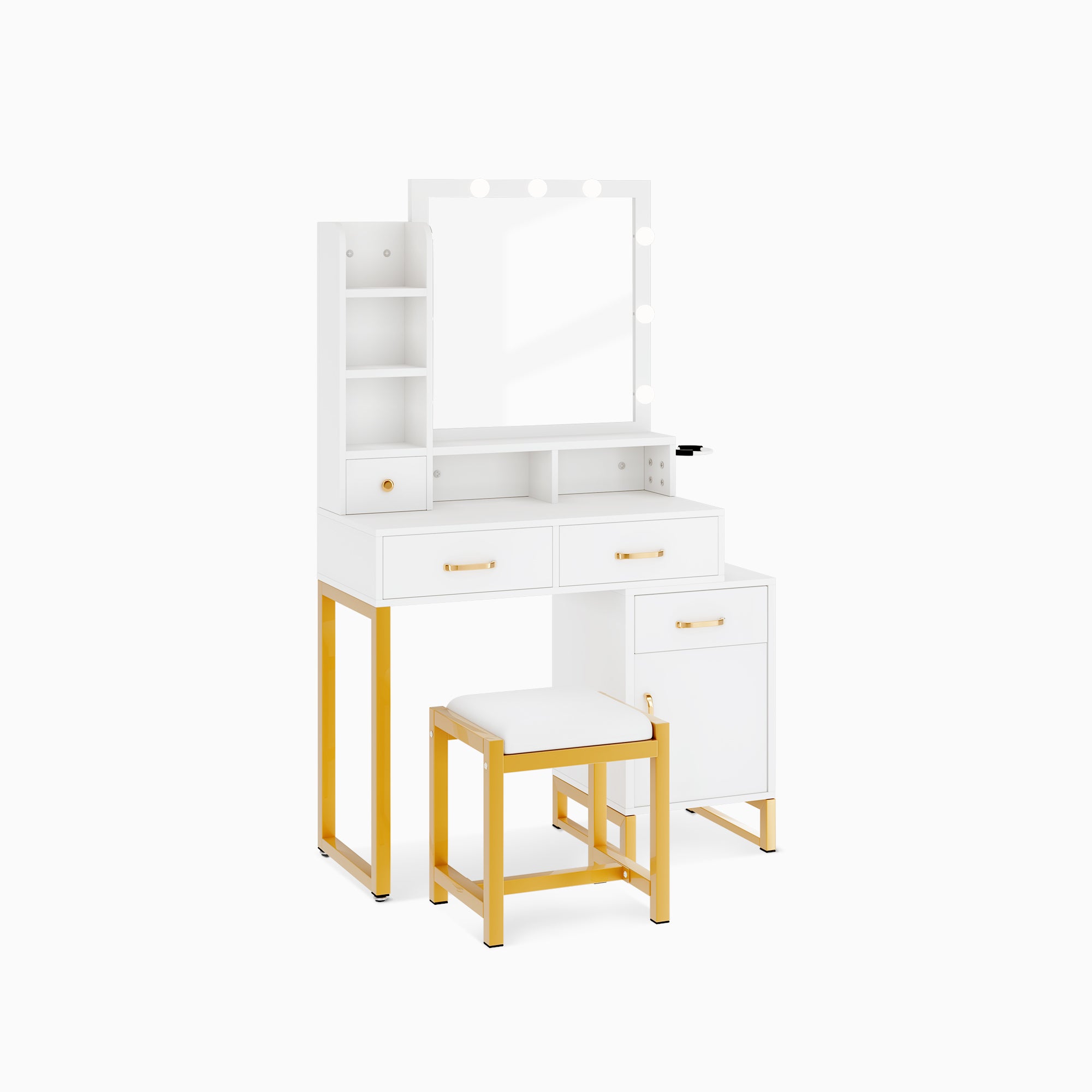 Odette 42.1" Modern Mirror Makeup Vanity Table with Charging Station and Lights, White & Black