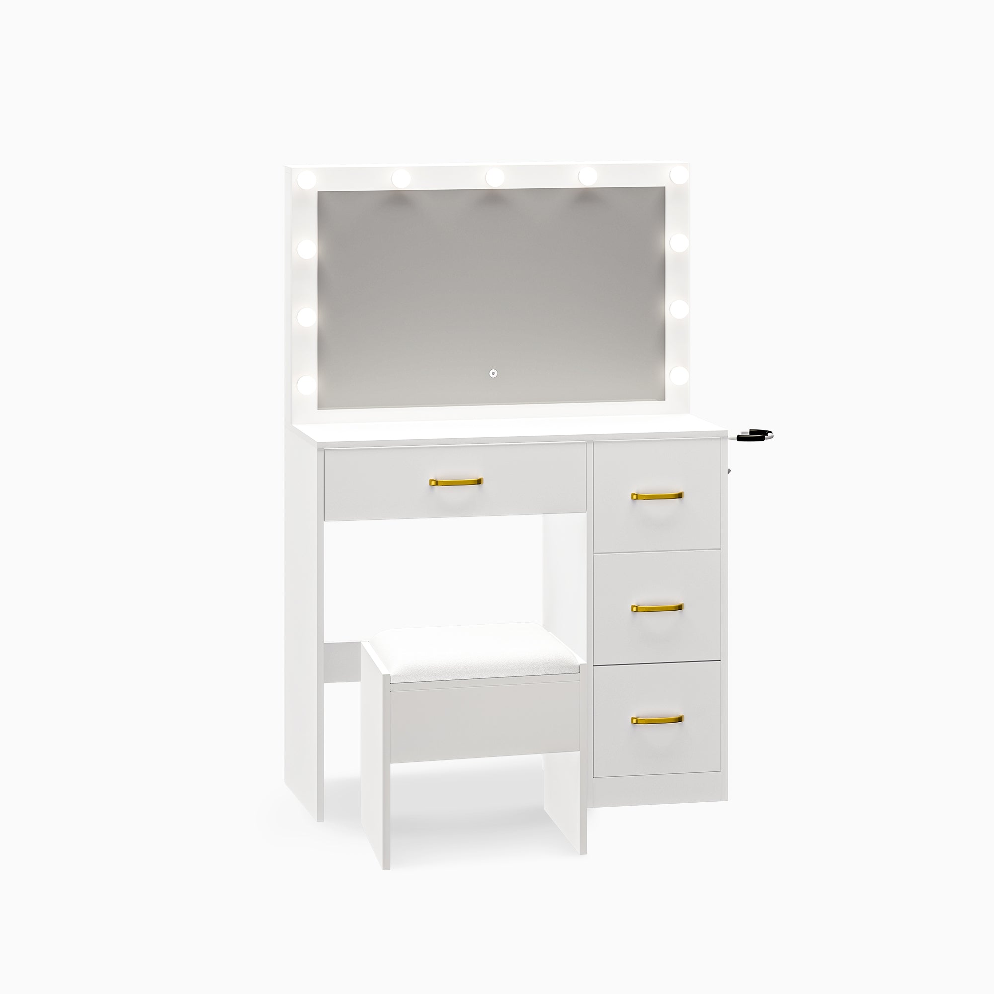 Odette 36" Modern Mirror Makeup Vanity with 4 Drawers Charging Station and Lights, White & Black