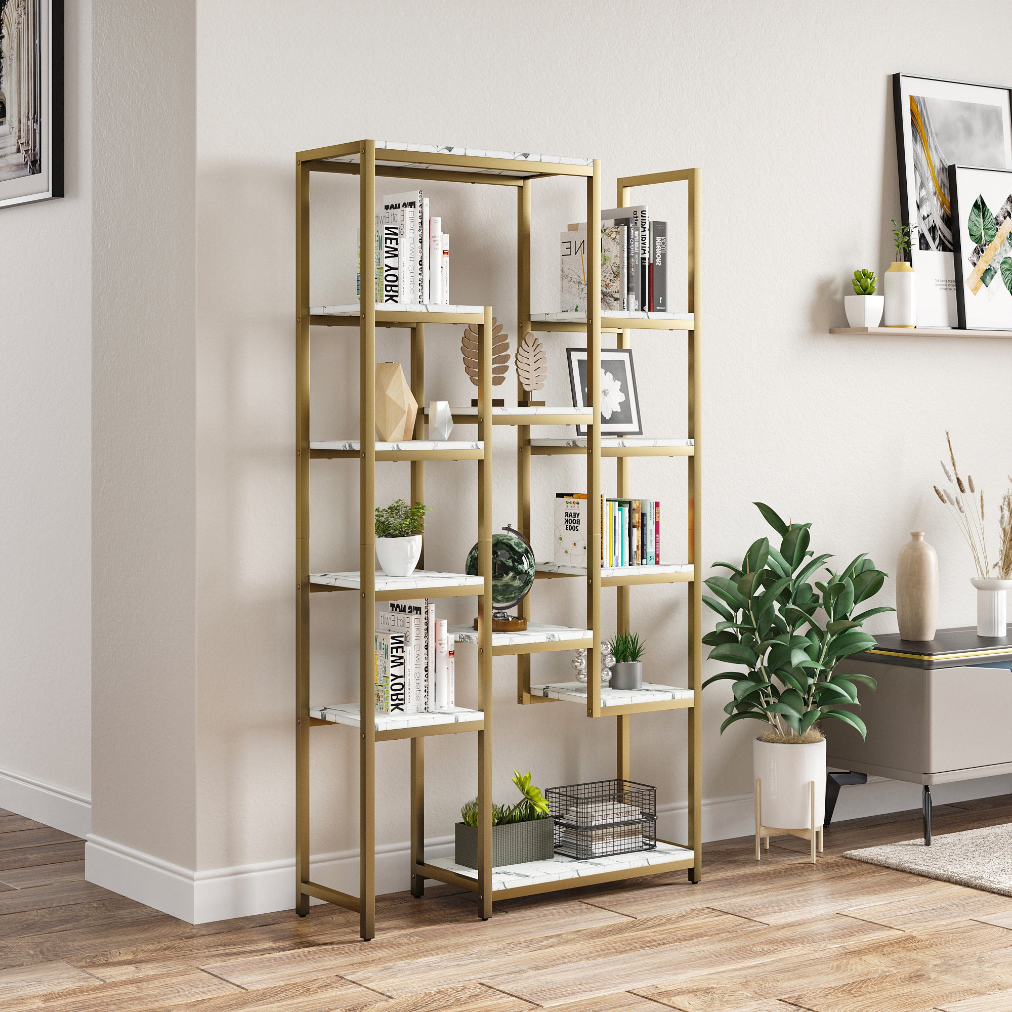 Odette 6 Tier Gold Bookshelf, 71” Tall Modern Free Standing Bookshelf with 12 Shelf Bookcase, Faux Marble Open Display Storage Book Shelves