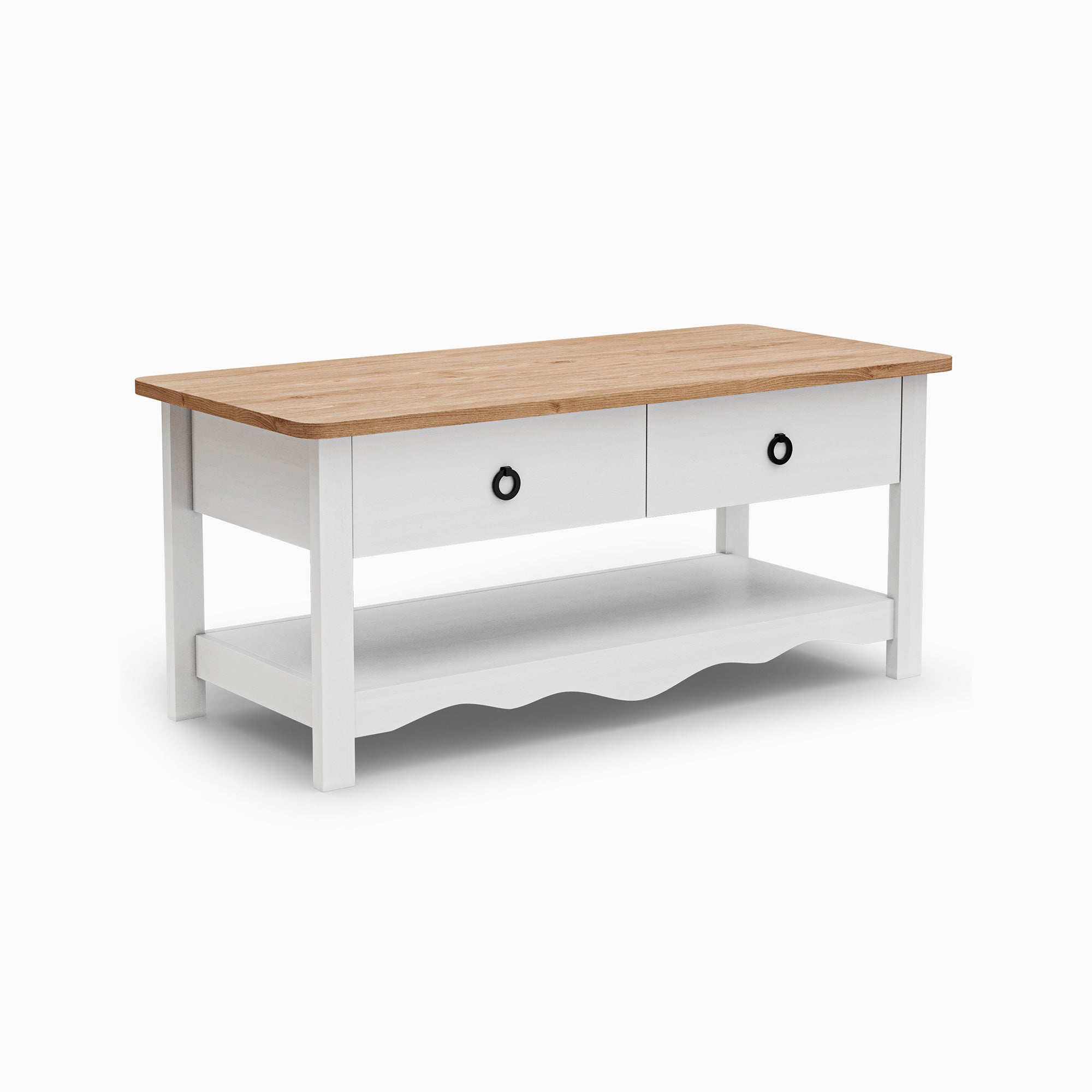 Émilie 43" Modern Vintage Oak Coffee Table with 2 Drawers Storage, White
