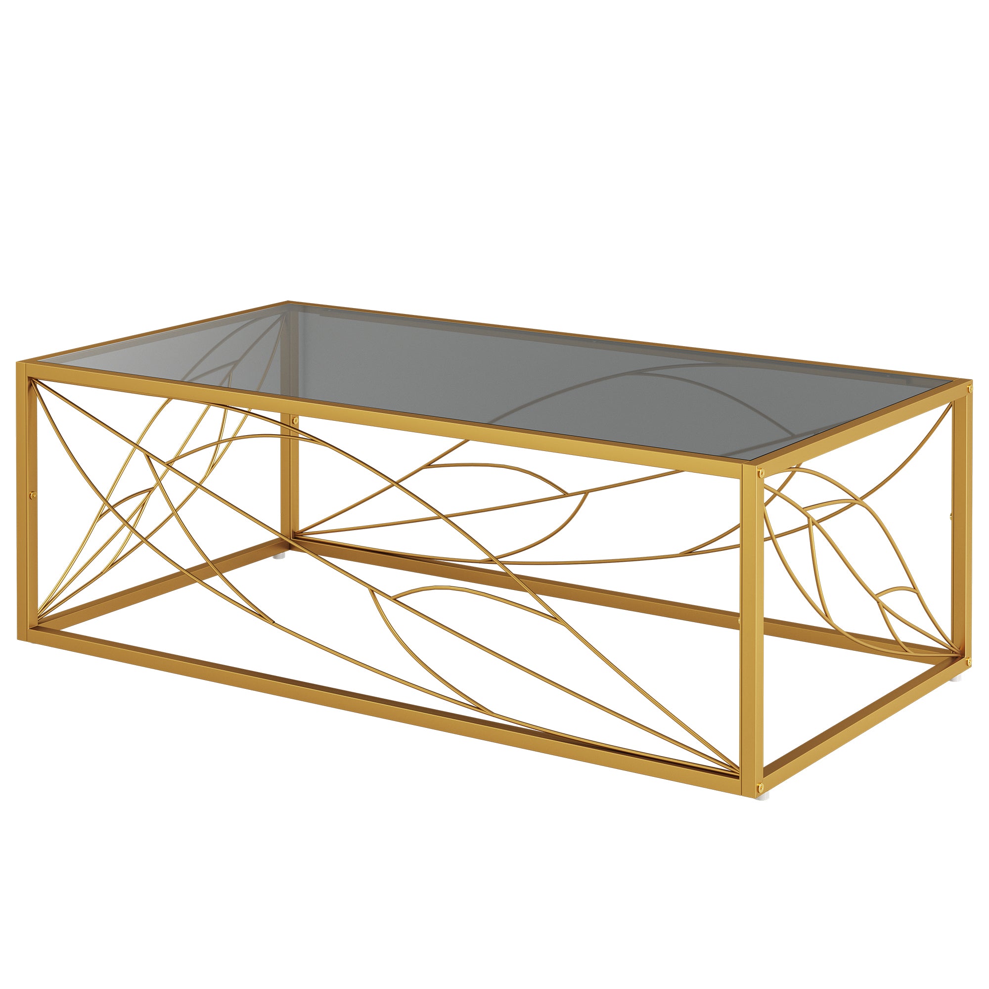 Odette 47.2" Modern Glass Top Golden Leaf Base Coffee Table, Gray