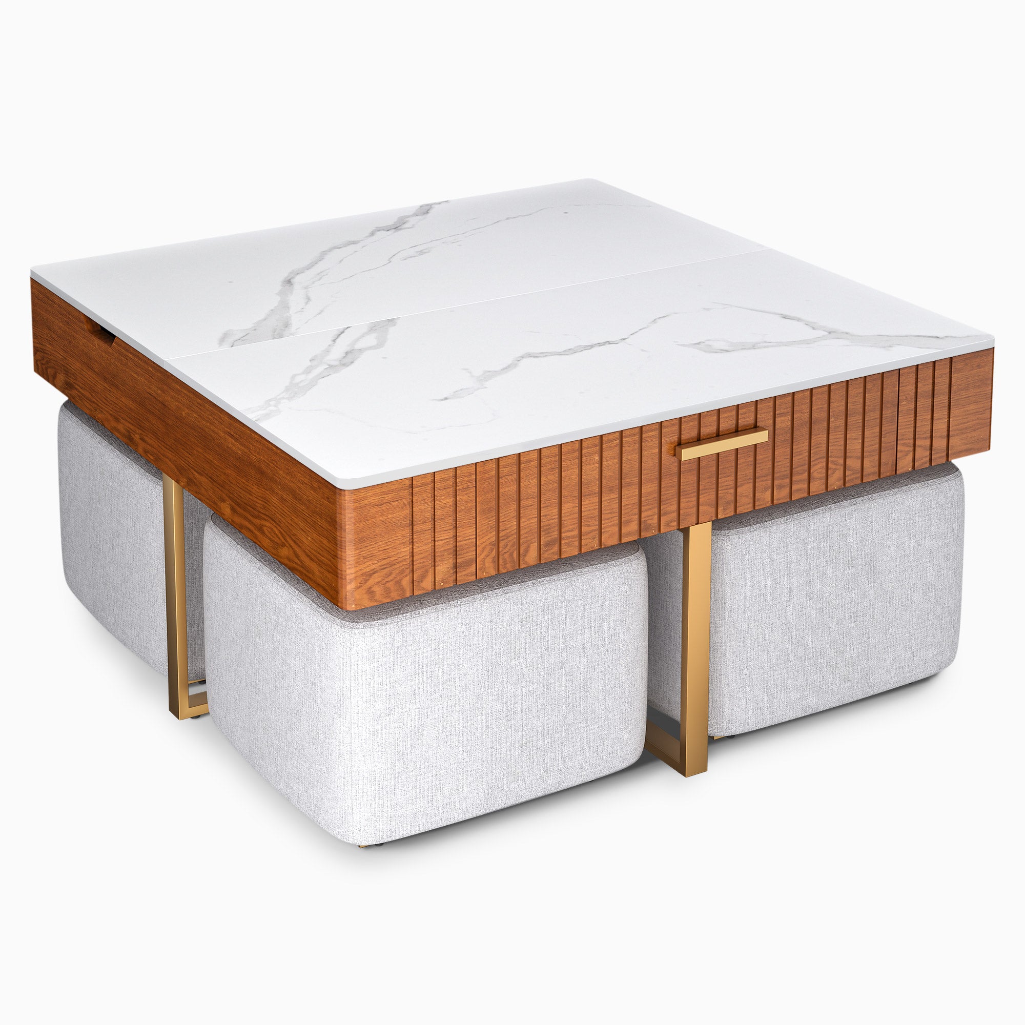 Odette 35.4" Marble Lift Top Coffee Table Set with 4 Fabric Stools & Drawer Storage, White & Natural