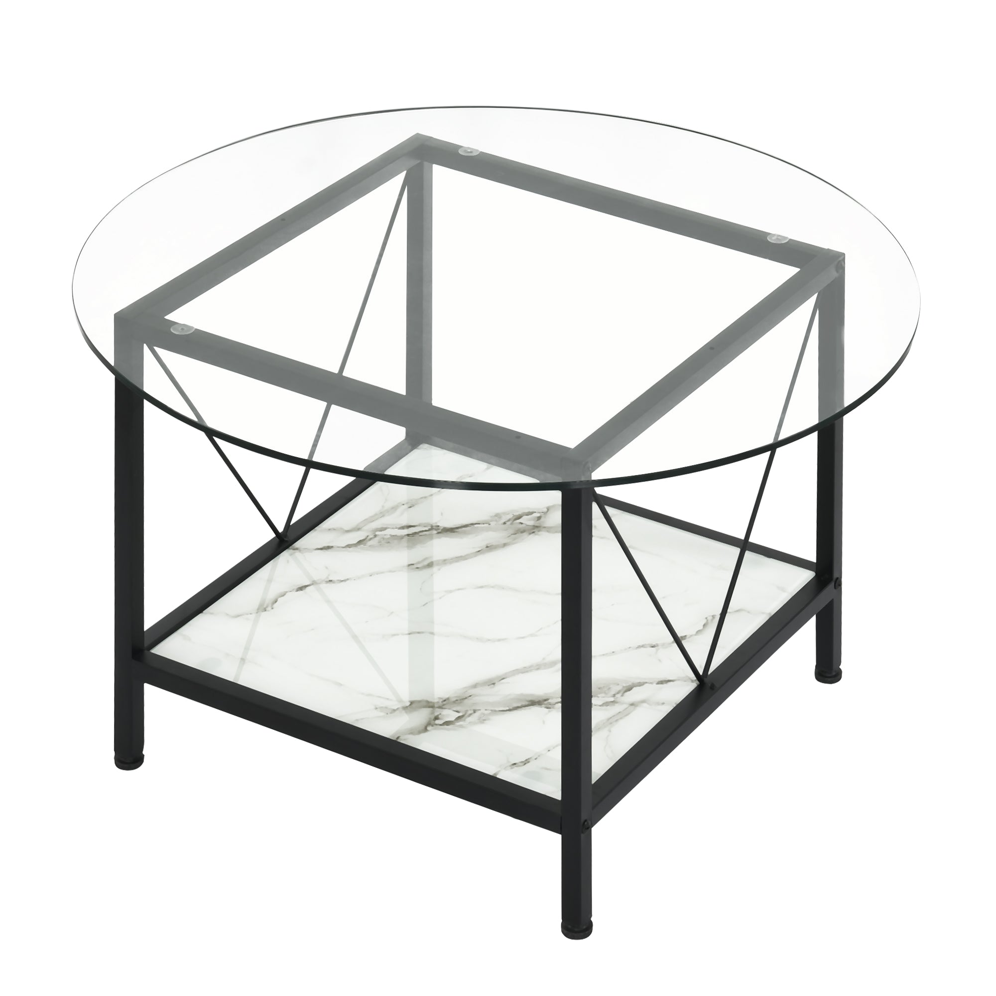 Odette 31.5" Round Glass Top Marble Shelf Coffee Table