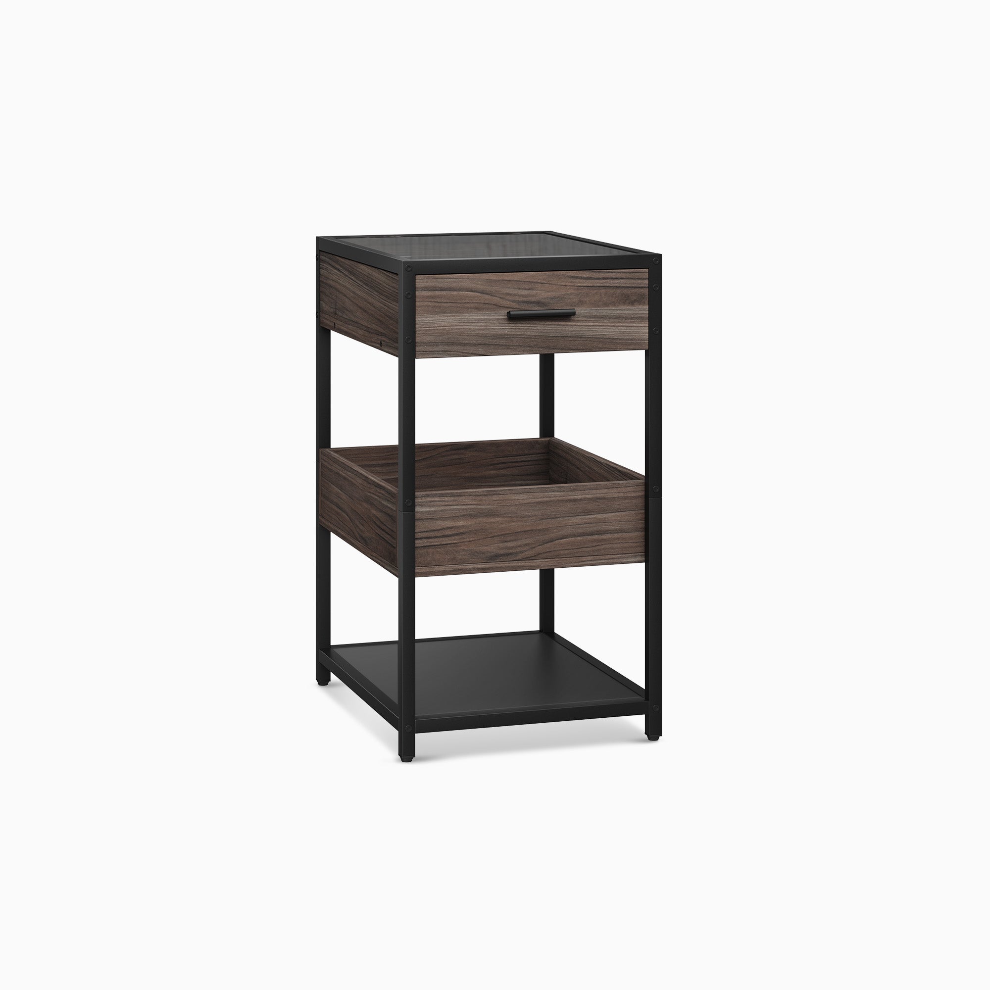 Margaux 20" Walnut 3 Layers Nightstand with Black Tempered Glass Tabletop and Metal Frame