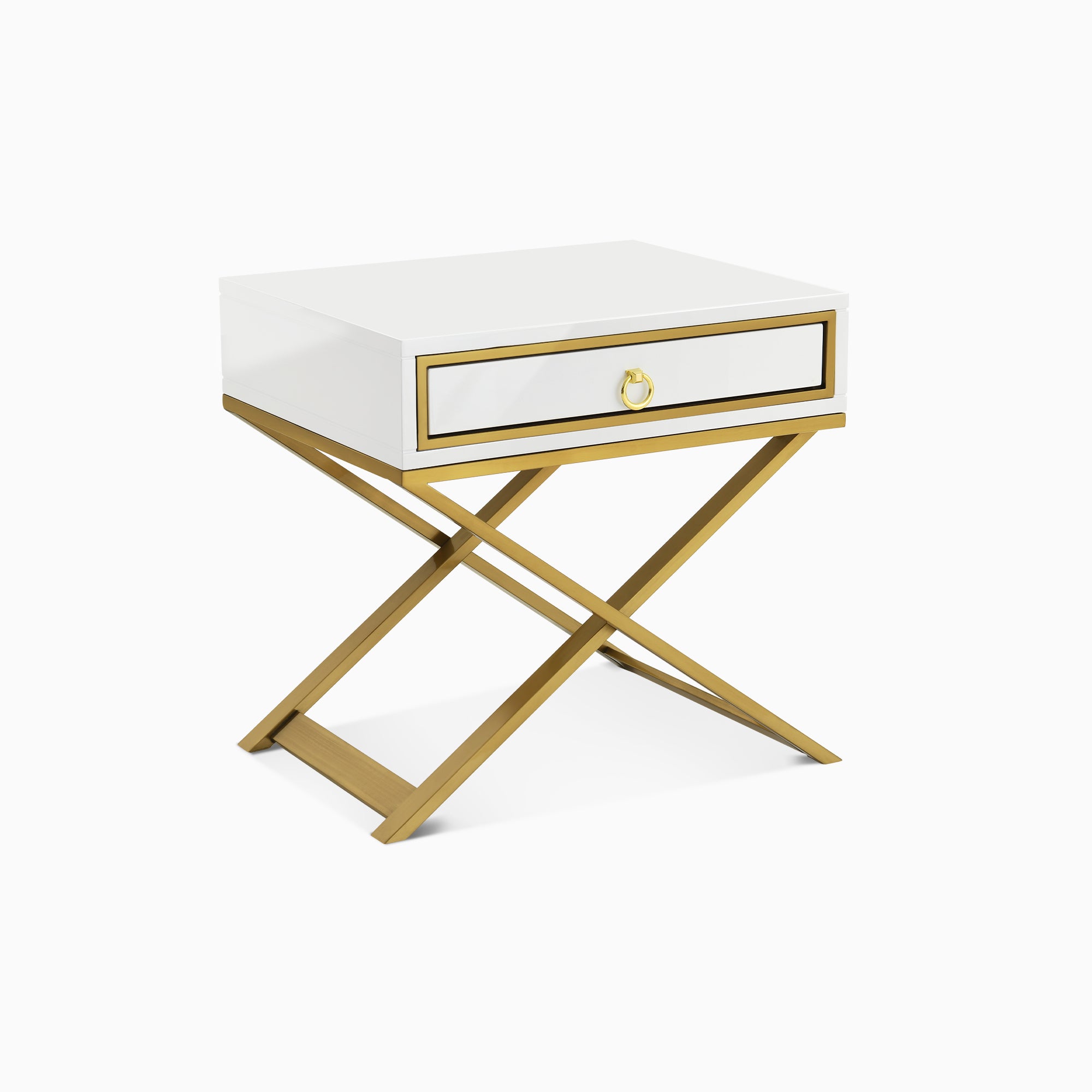 Odette 20" Modern X-base Design Nightstand with Solid Wood Drawer, White-Gold