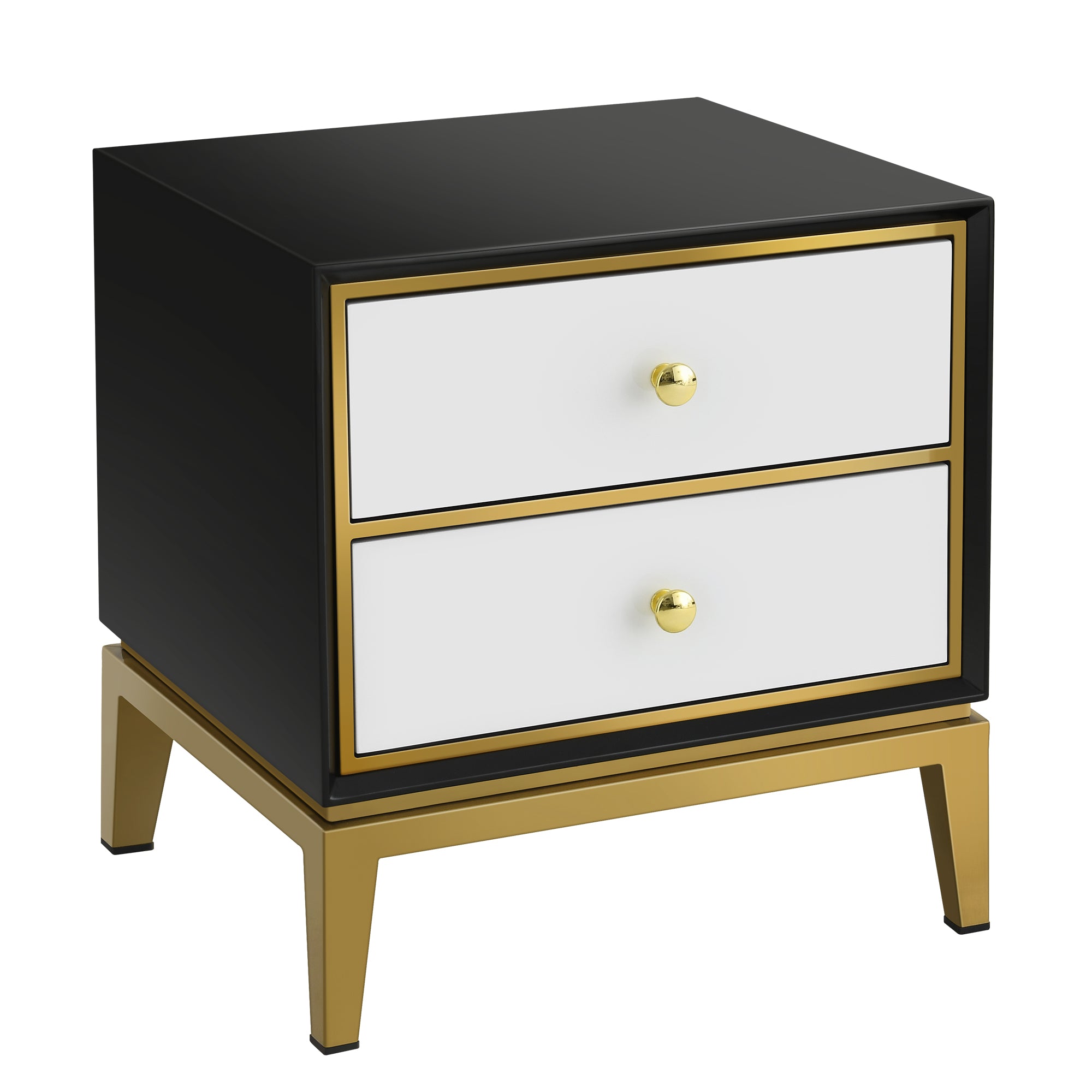 Odette 20" Modern Metal Base Nightstand with Solid Wood 2 Drawers, Black-Gold