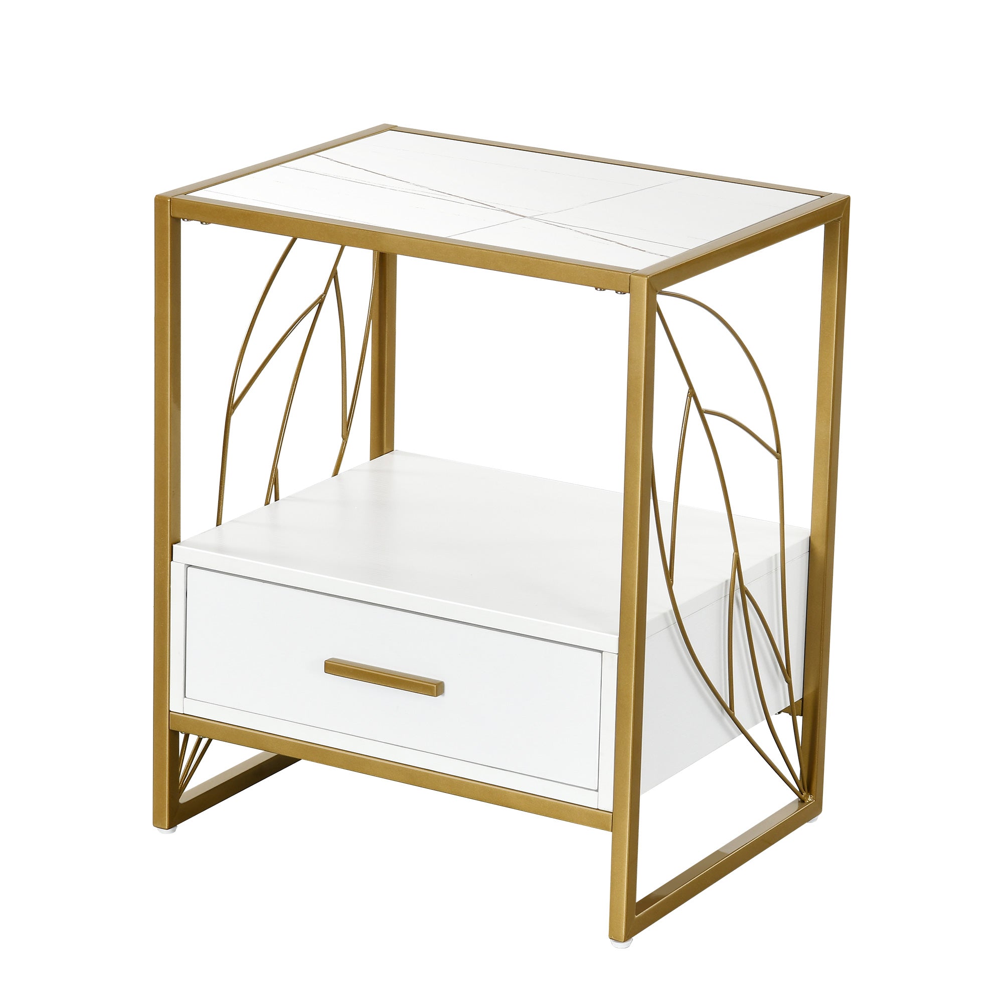 Odette 20" Modern Iron Wire Leaf Design with Drawers Side Table, White & Black