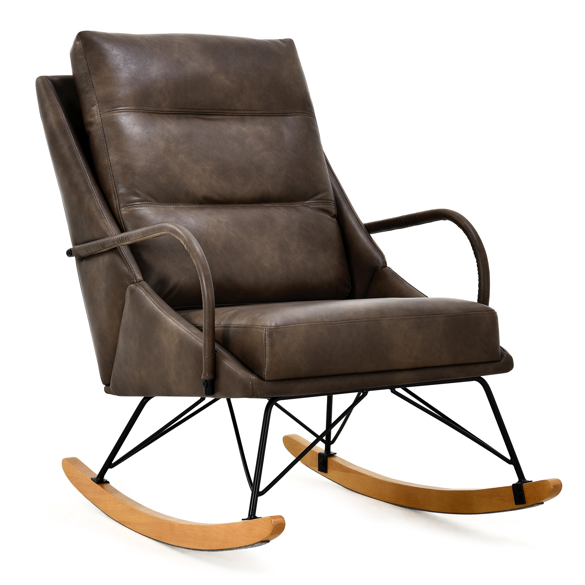 Margaux 24" PU Leather Upholstered High Back Rocking Chair with Wingback Solid Wood Legs, Dark Brown