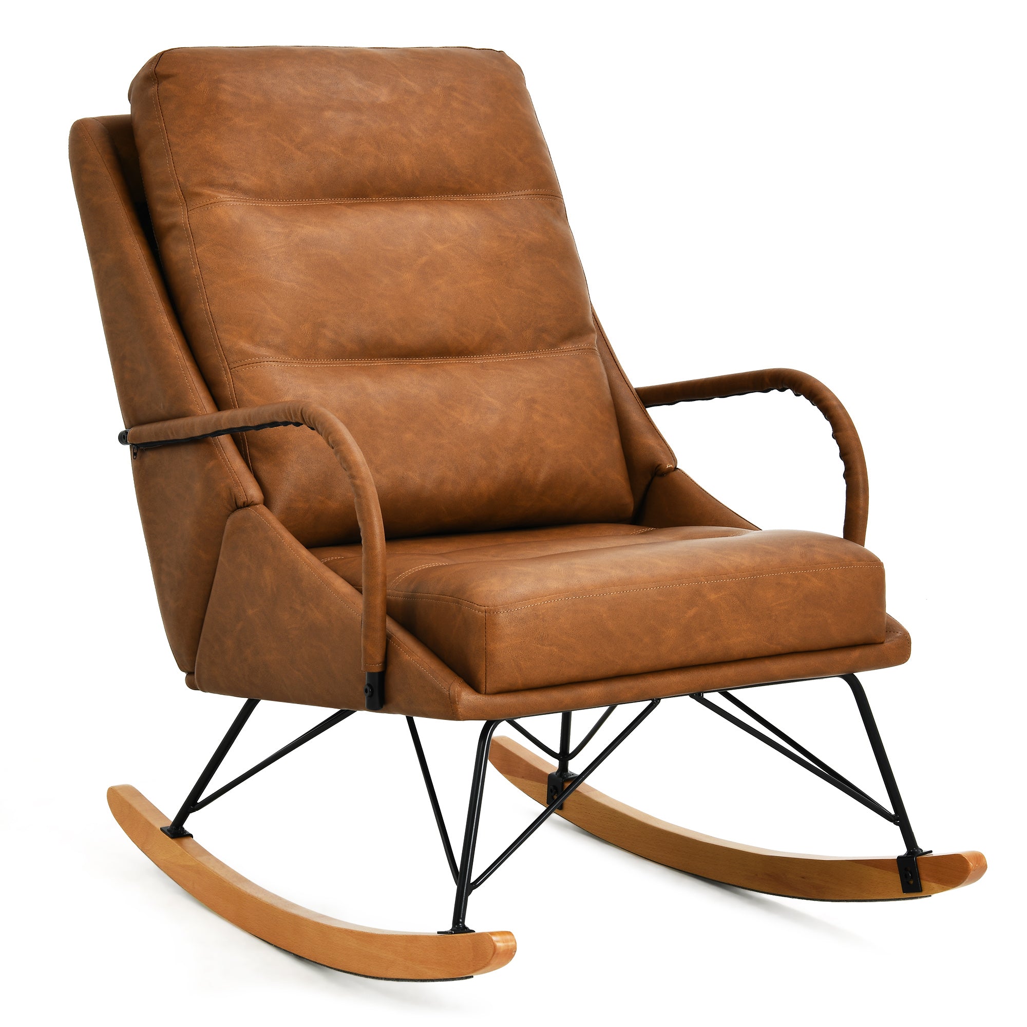 Margaux 24" PU Leather Upholstered High Back Rocking Chair with Wingback Solid Wood Legs, Brown