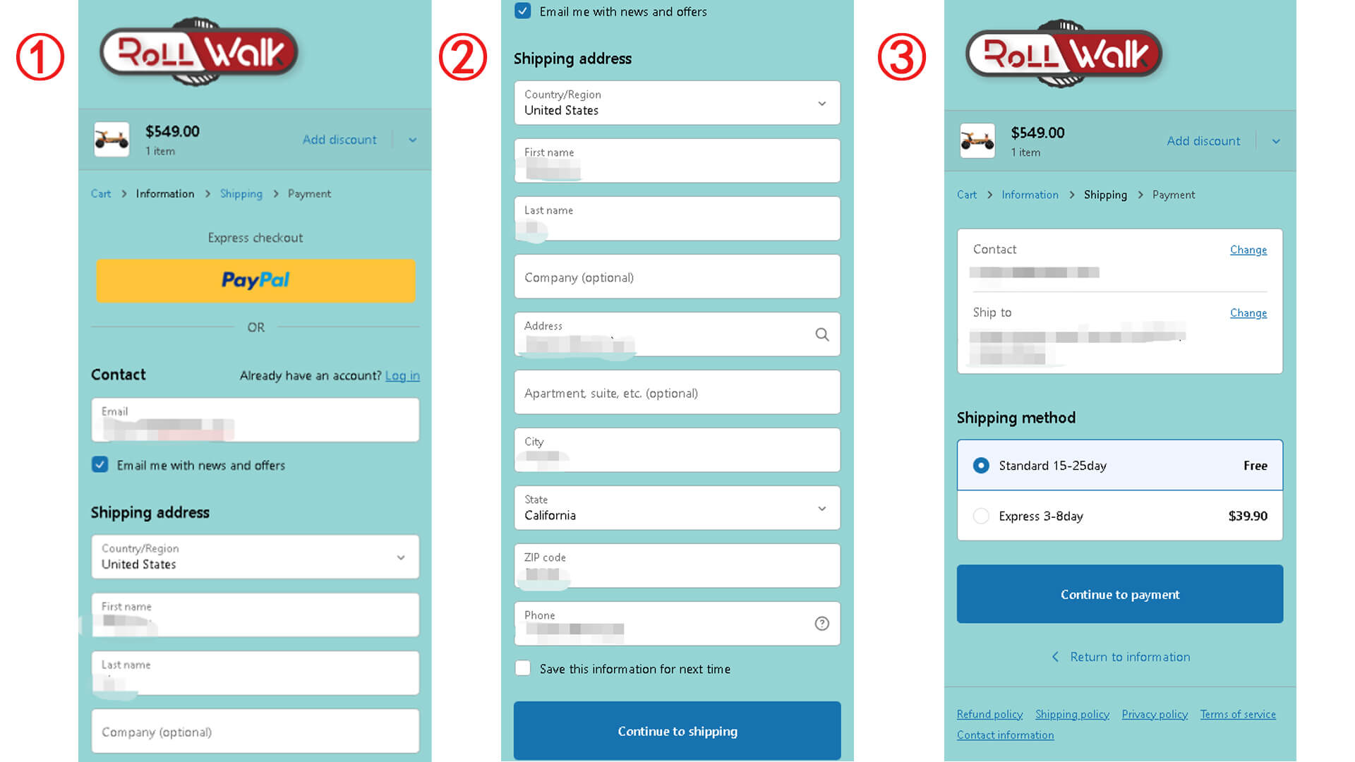 Fill in your receiving information at RollWalk