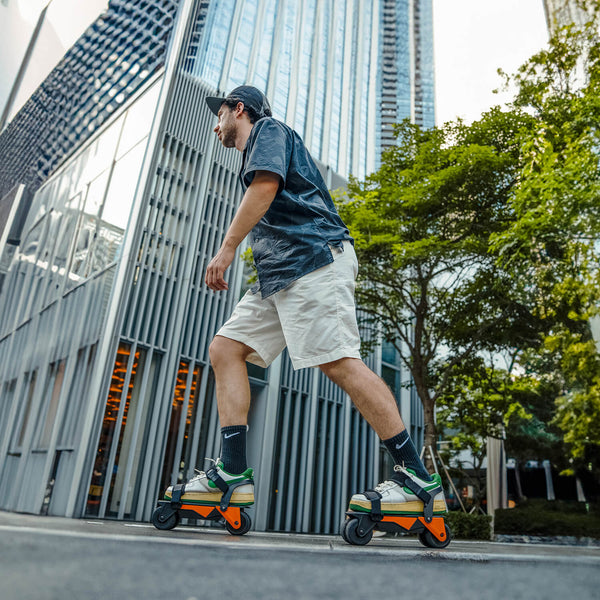 Moving through New York neighborhoods in rollwalk electric shoes