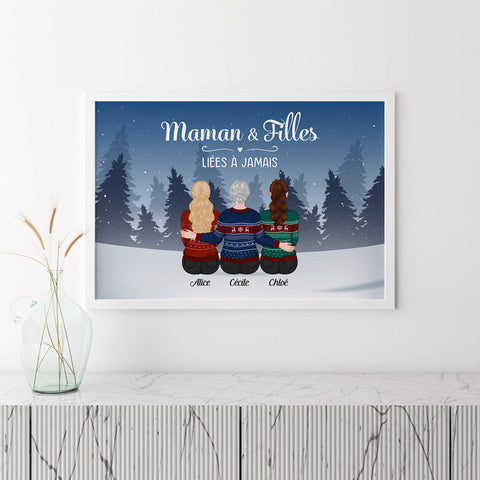 cadeau de noel pour la famille Poster Maman & Filles Liées à Jamais Personnalisé