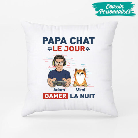 quel cadeau cadeau quand on ne sait pas quoi offrir Coussin Papa Chat Le Jour Gamer La Nuit Personnalisé