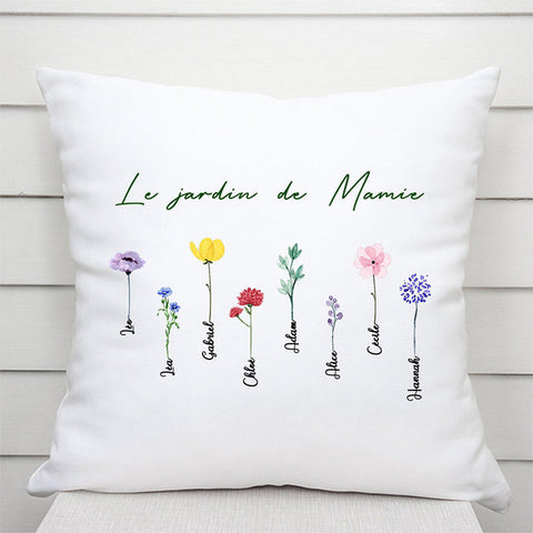 Cadeau pour remercier ses parents Coussin Le Jardin de Mamie Maman Personnalisé