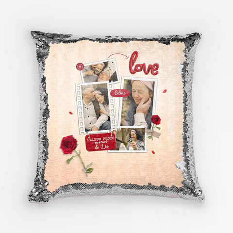 Idée cadeau symbolique couple avec Coussin Sequin L'Album Photo Préféré Personnalisé