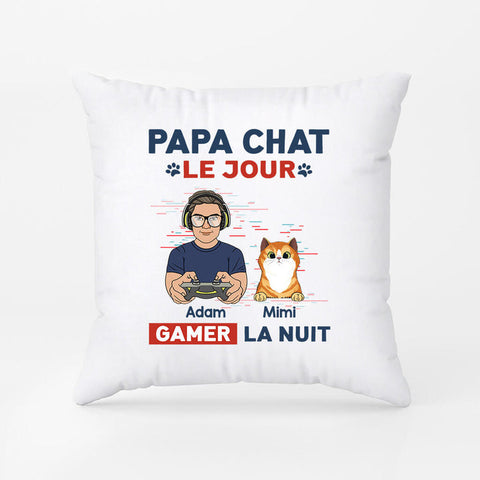 Idées cadeaux fête des pères fait main Coussin Papa Chat Le Jour Gamer La Nuit Personnalisé