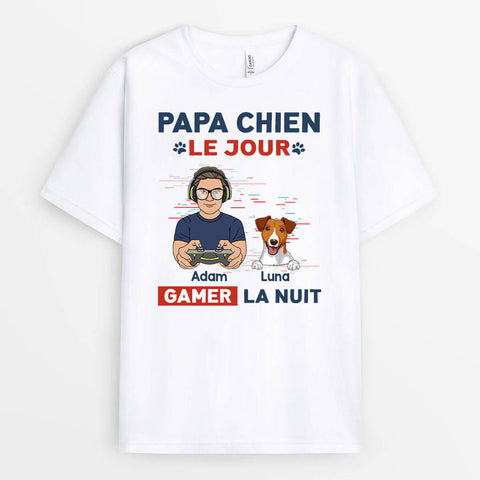 Idée cadeau fait maison fete des peres T-Shirt Papa Chien Le Jour Gamer La Nuit Personnalisé