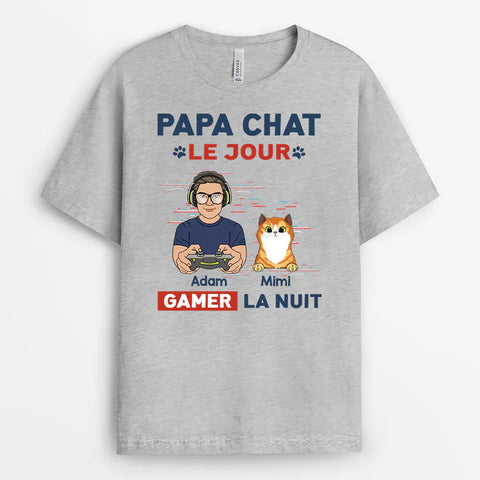 T-shirt Papa Chat Le Jour Gamer La Nuit Personnalisé