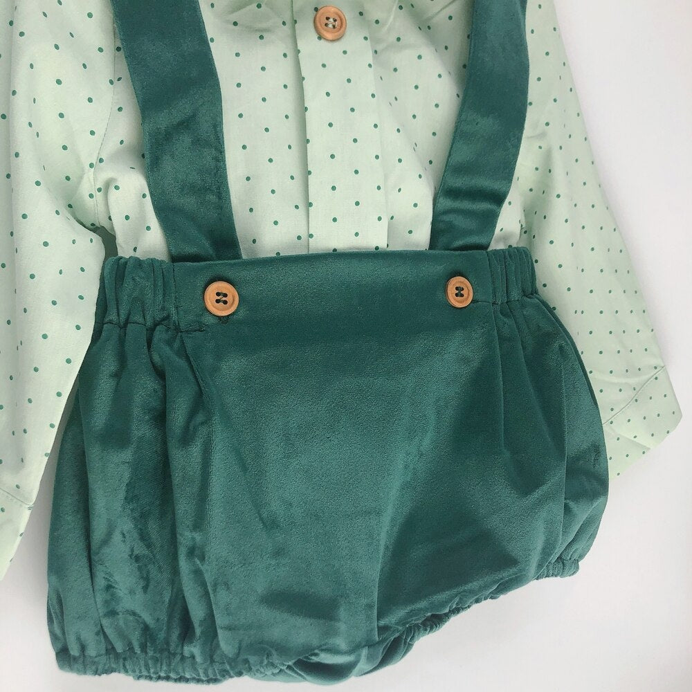 Long Sleeve Polka Dot Shirt With Green Suspender Shorts (1-5years