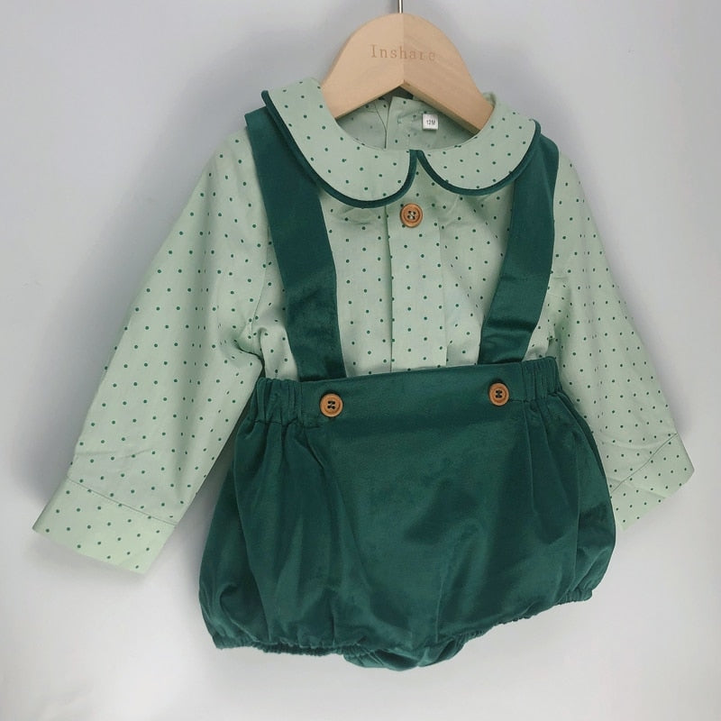 Long Sleeve Polka Dot Shirt With Green Suspender Shorts (1-5years