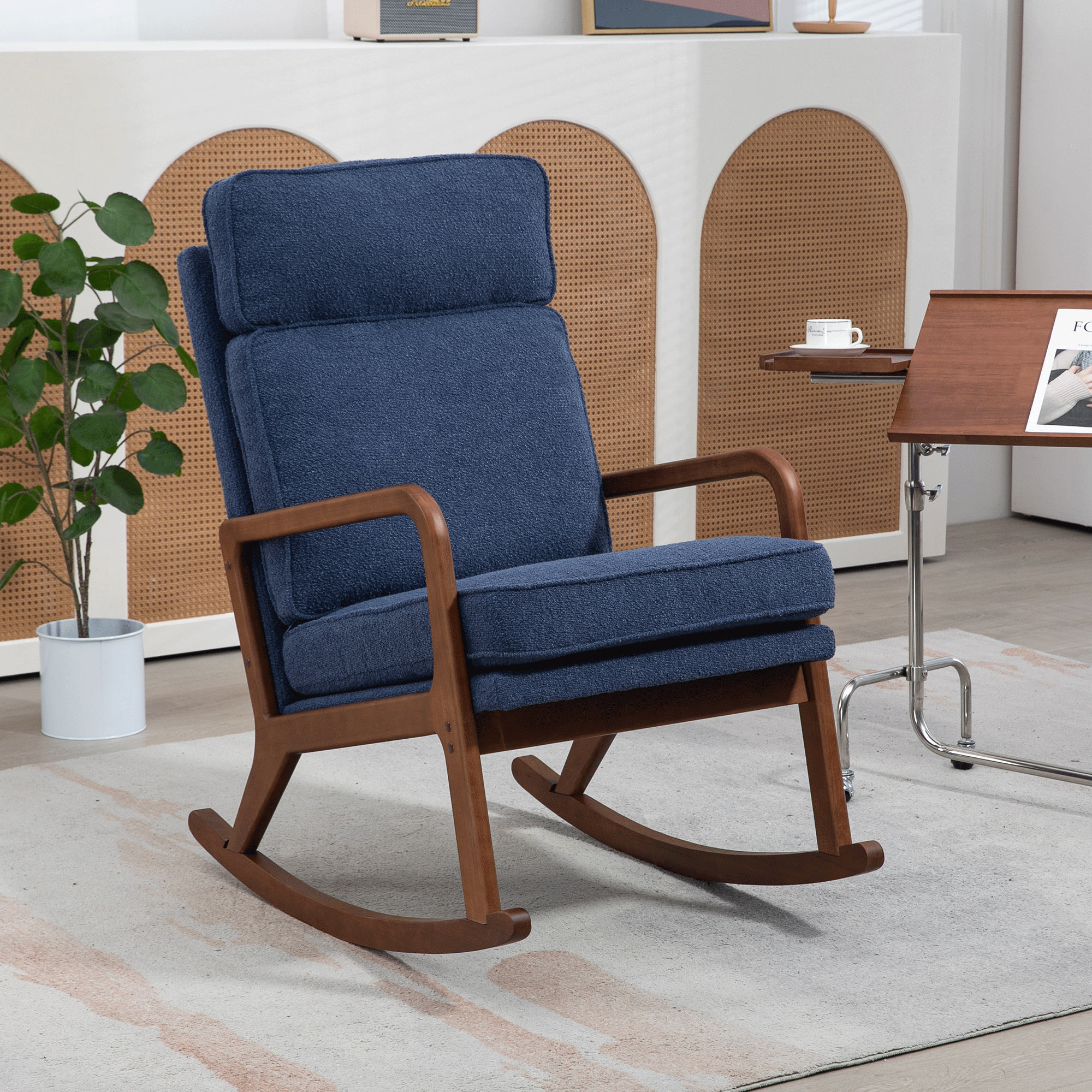 Chic Navy Boucle Rocking Chair: Cozy Comfort for Any Room