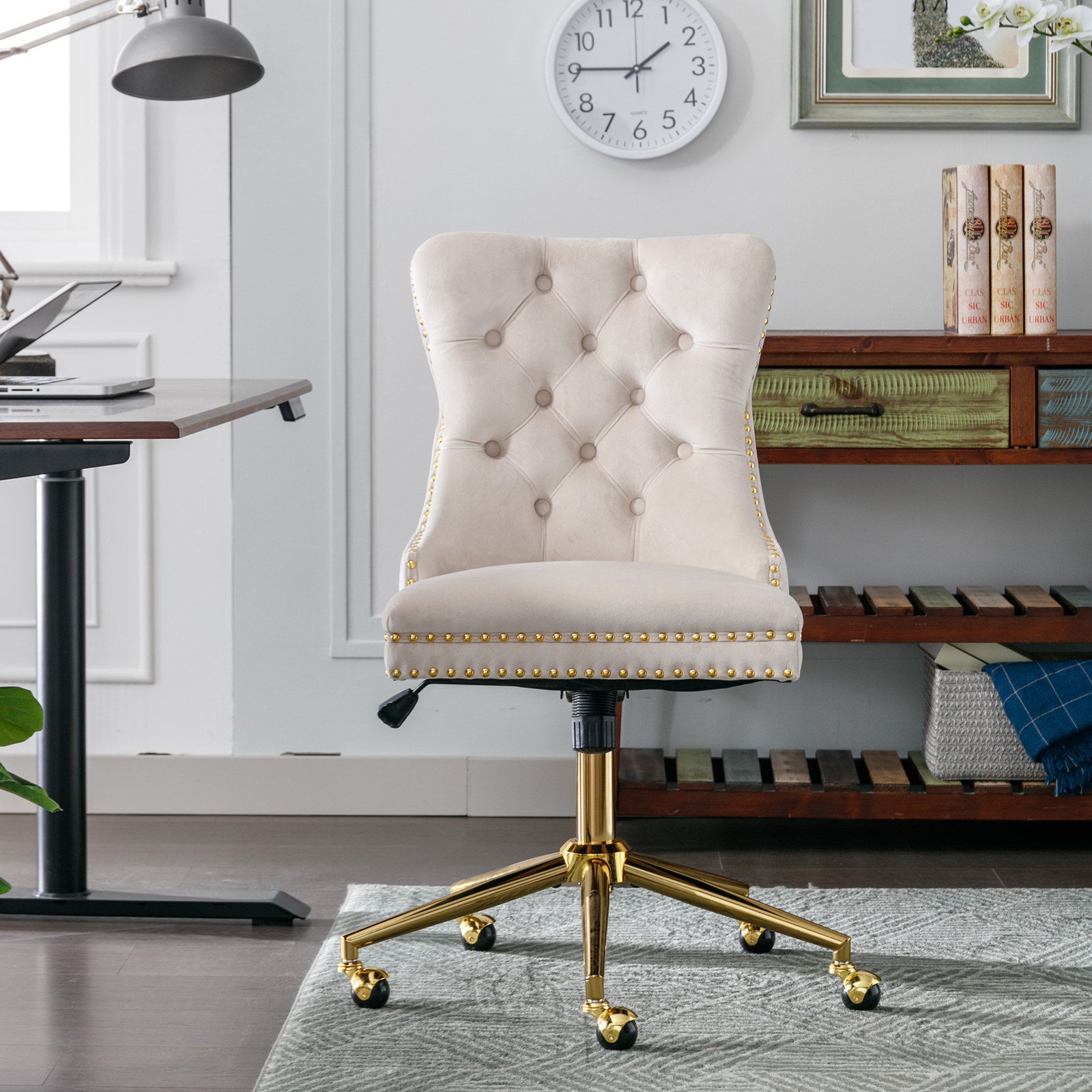Elegant Velvet Tufted Office Chair with Golden Base - Beige Comfort