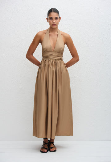 Plunge Halter Dress - Stone