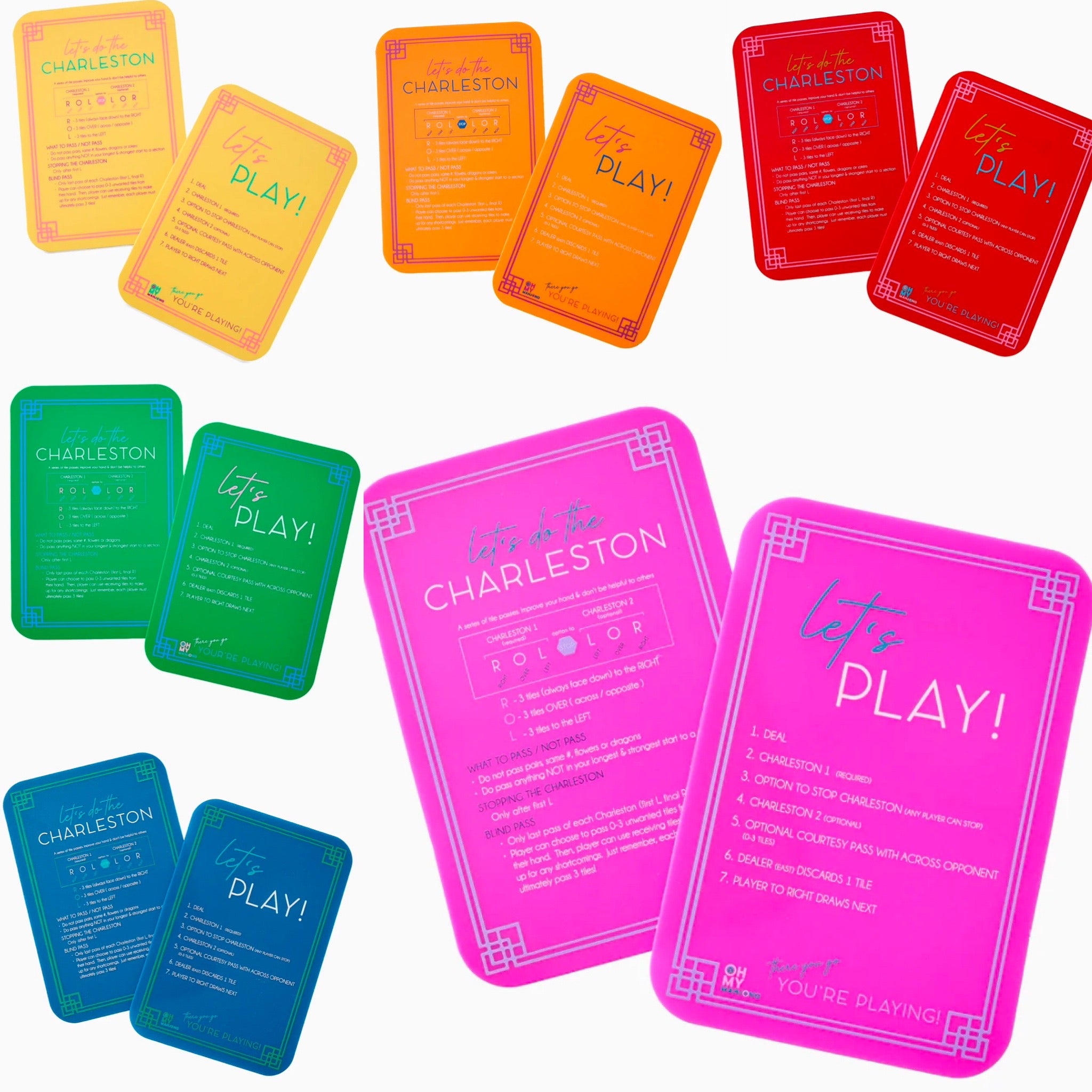 Picture of multiple different colored tile shufflers in rainbow order